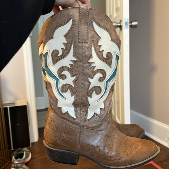 Coconuts by Matisse Women's Stampede Western Cowboy Boot Cognac Tan and Teal - Picture 5 of 8